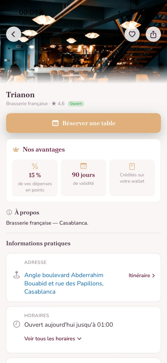 Fiche du restaurant Trianon dans OneClick, avec le bouton Réserver une table et les avantages fidélité