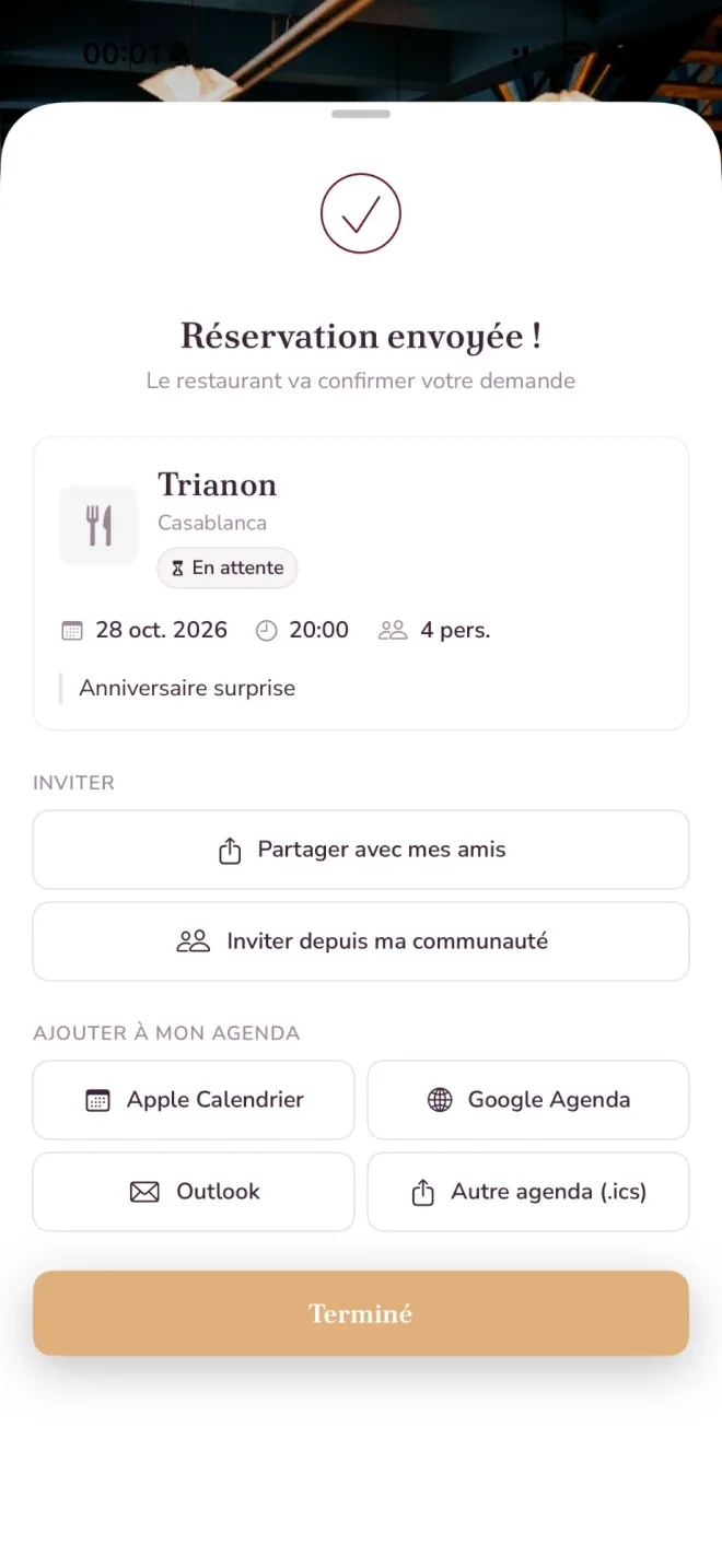 Écran Réservation envoyée avec le récapitulatif et les options d'invitation et d'agenda