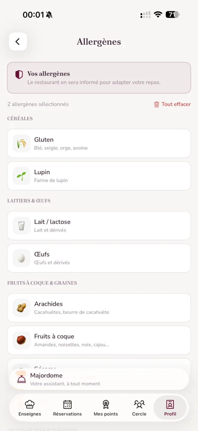 Écran Allergènes avec gluten et lupin sélectionnés